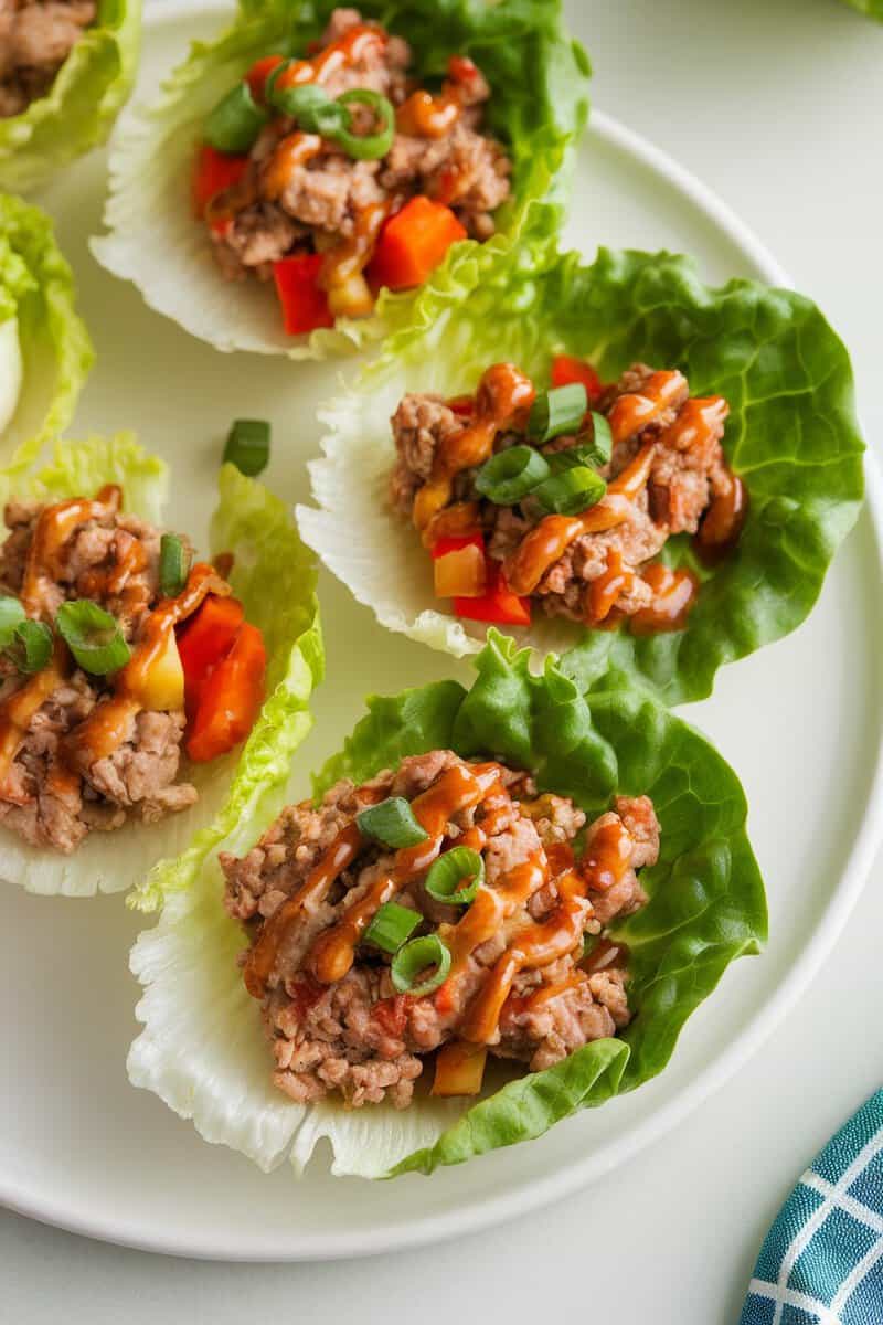 A plate of turkey and veggie lettuce cups filled with ground turkey, bell peppers, and garnished with green onions.