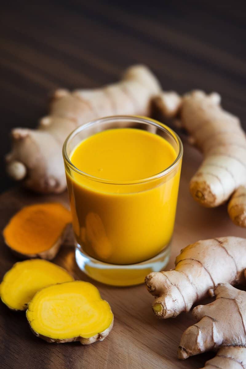 Turmeric ginger immunity shot with fresh turmeric and ginger roots