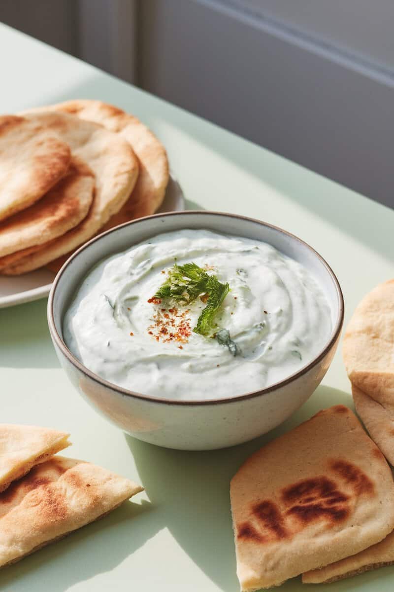 A bowl of tzatziki sauce with pita bread on the side