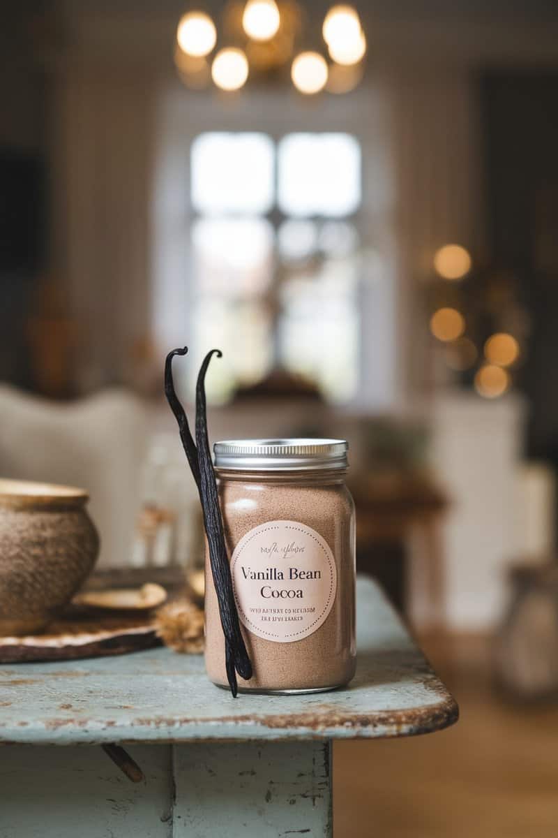 A jar of Vanilla Bean Cocoa Mix with vanilla beans on a wooden table outdoors