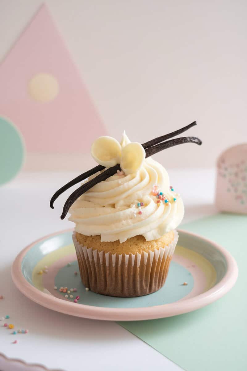 Vanilla bean cupcake with whipped cream frosting and decorations