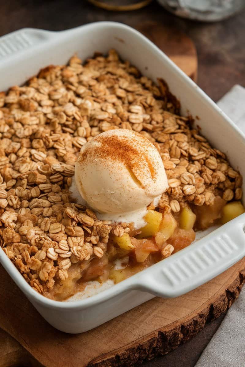 A delicious vegan apple crisp topped with oats and served with a scoop of ice cream.