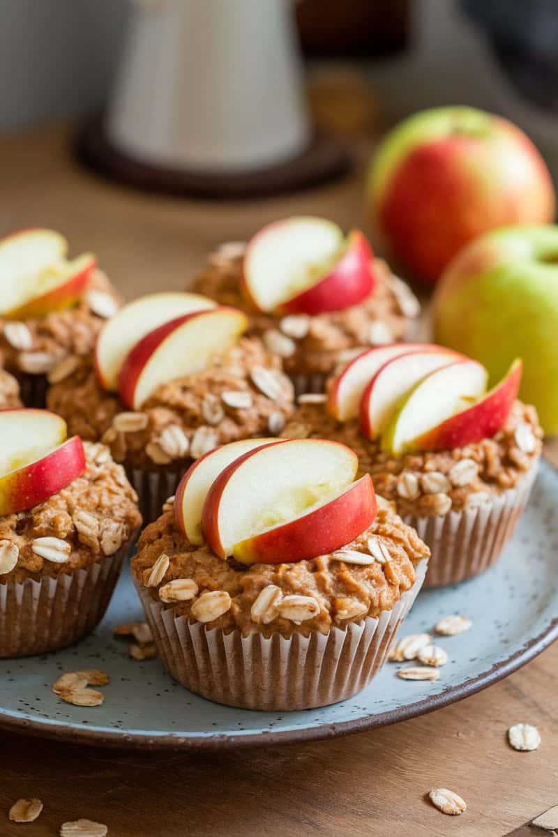 Delicious vegan apple muffins topped with apple slices and oats on a rustic plate