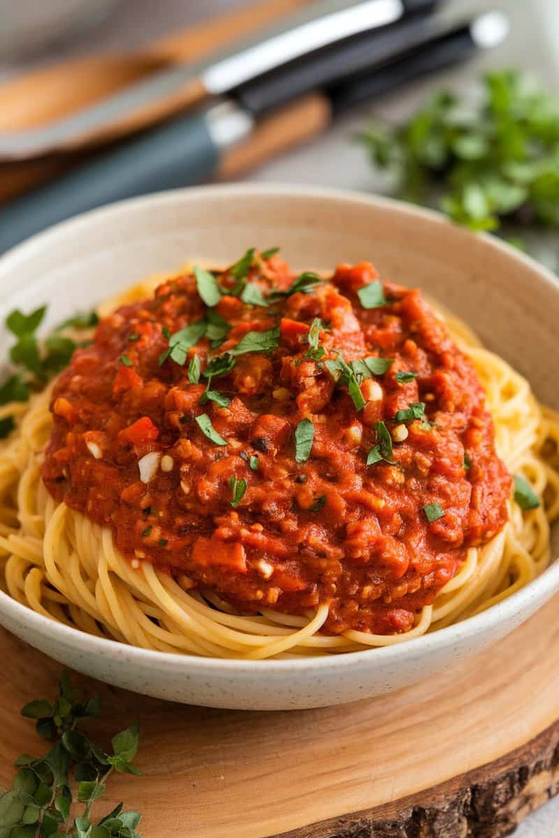 A bowl of spaghetti topped with vegan bolognese sauce, garnished with fresh herbs.