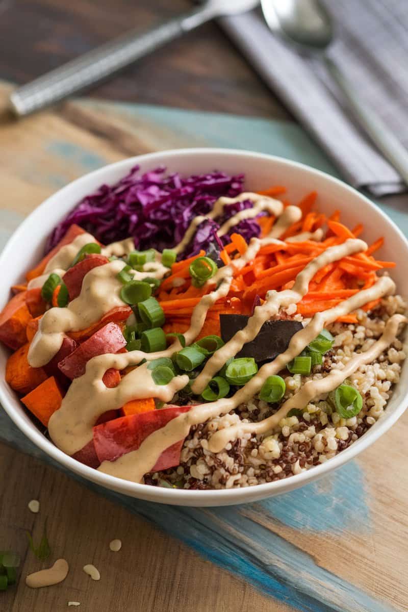 A colorful vegan Buddha bowl filled with quinoa, roasted sweet potatoes, kale, and red cabbage, topped with tahini dressing.