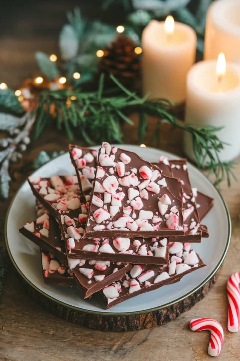 A close-up of vegan chocolate peppermint bark with crushed candy canes, set on a rustic wooden table.