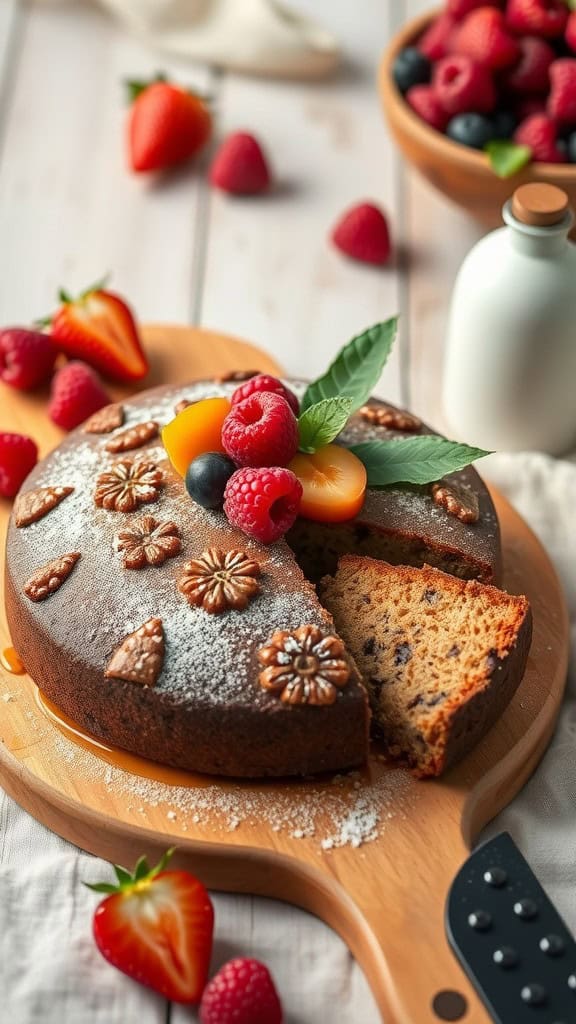 A delicious vegan fruitcake topped with fresh fruits and decorated with nuts.