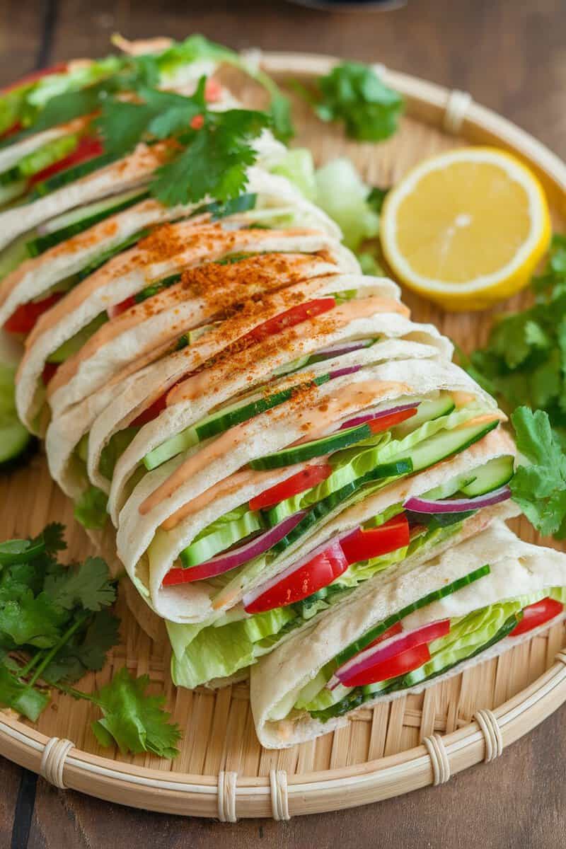 Vegan lavash filled with fresh vegetables and sauces on a plate