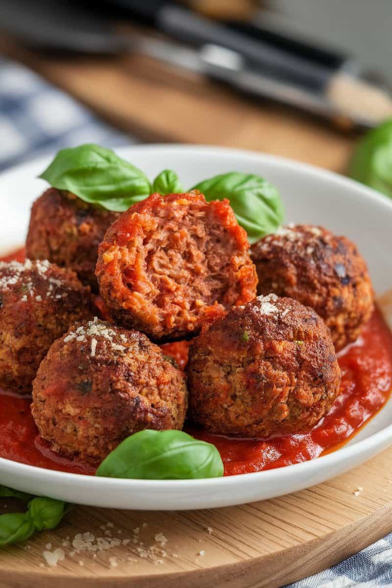 Vegan meatballs in marinara sauce served in a bowl with fresh basil