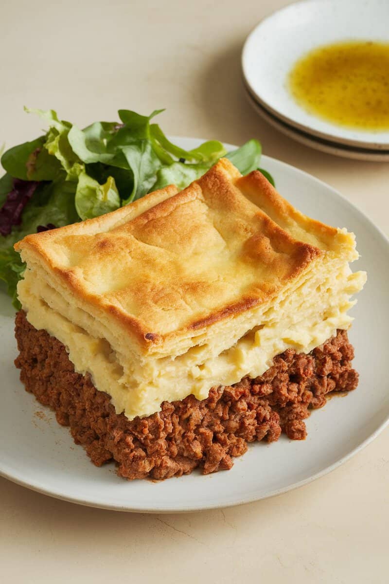 A plate of vegan shepherd's pie with a green salad on the side.