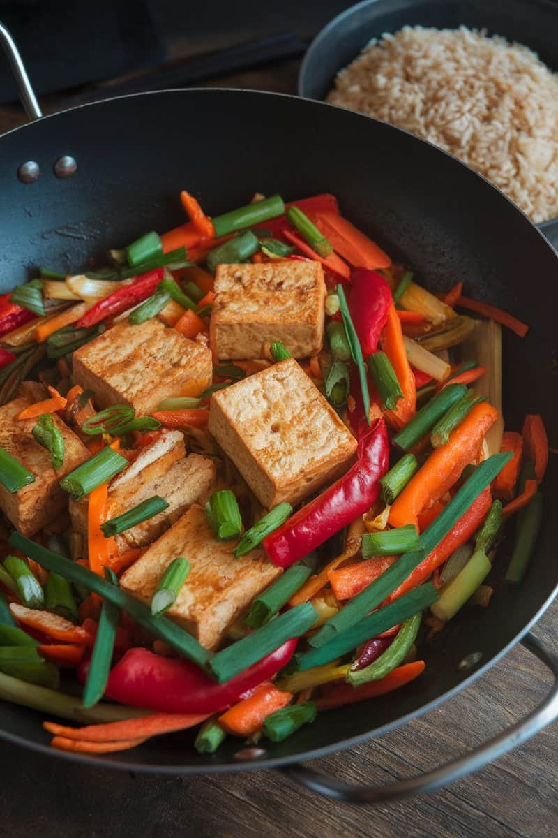 A vibrant vegan stir-fry with tofu and colorful vegetables in a skillet.