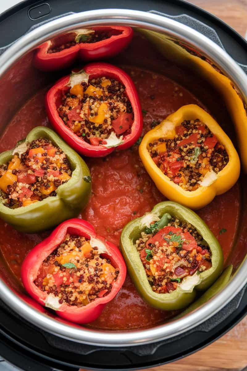 Vegan stuffed peppers in an Instant Pot with quinoa and vegetables.