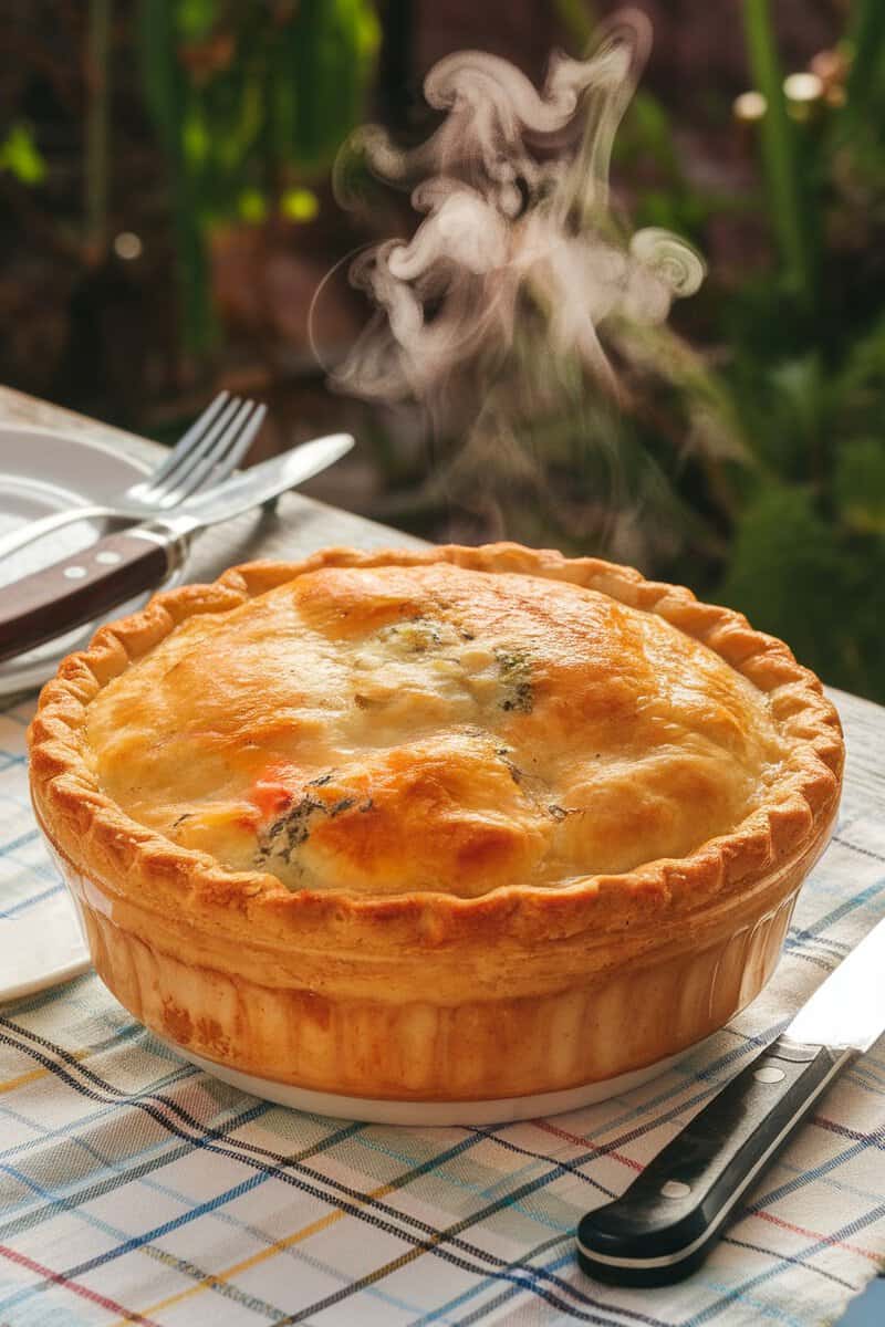 A steaming vegetable and mushroom pot pie on a table, ready to be served.