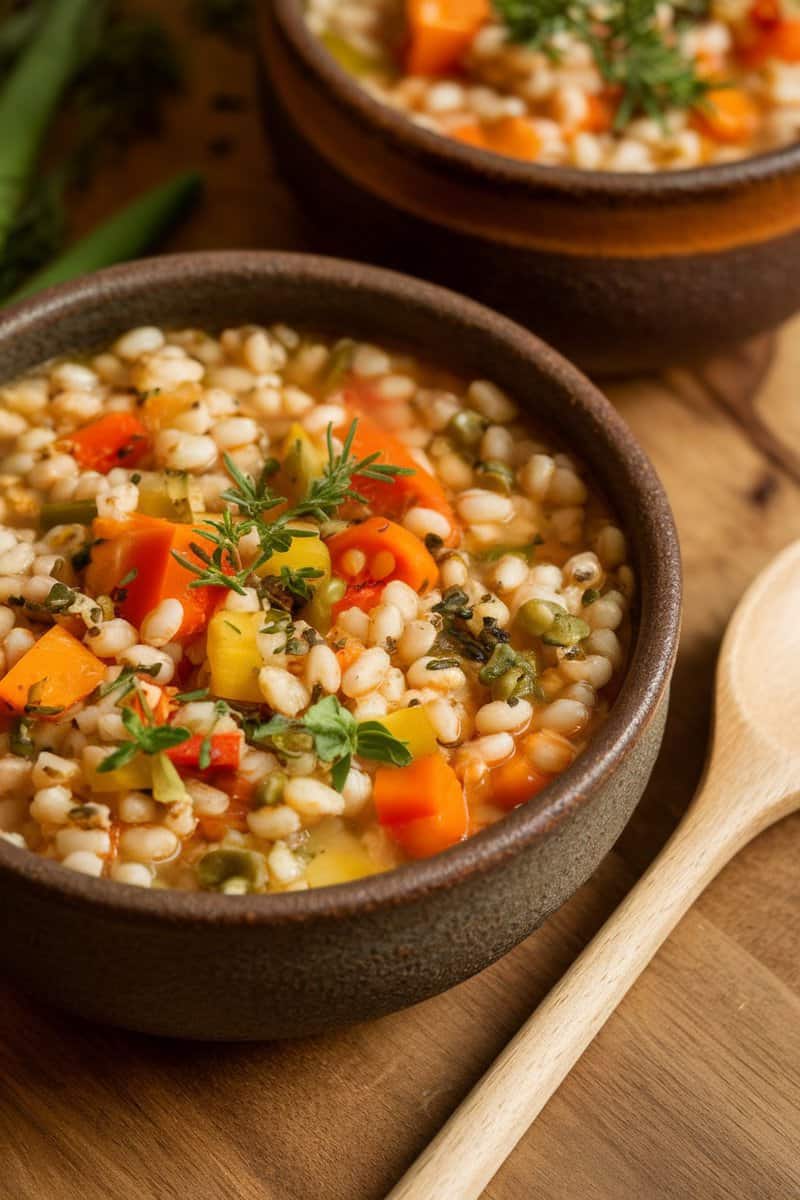 A hearty bowl of vegetable barley soup with colorful vegetables.