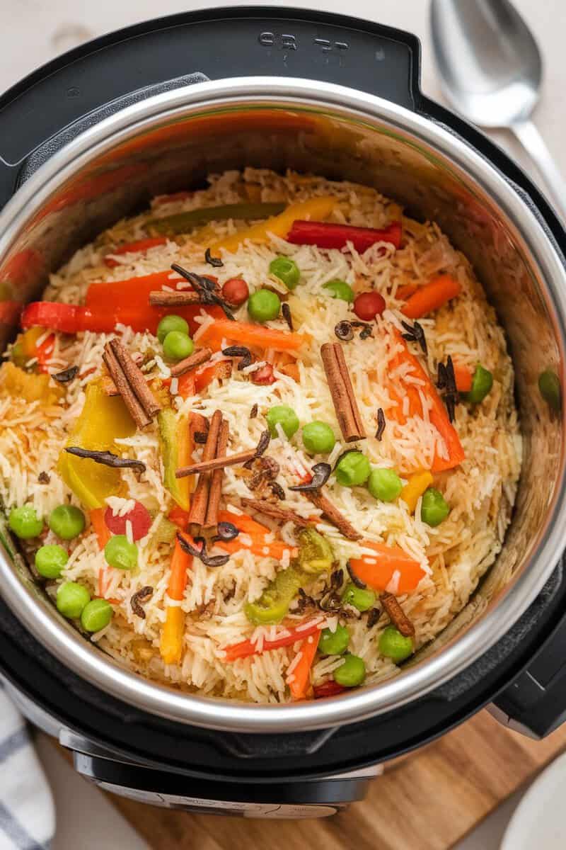 A bowl of colorful vegetable biryani cooked in an Instant Pot.