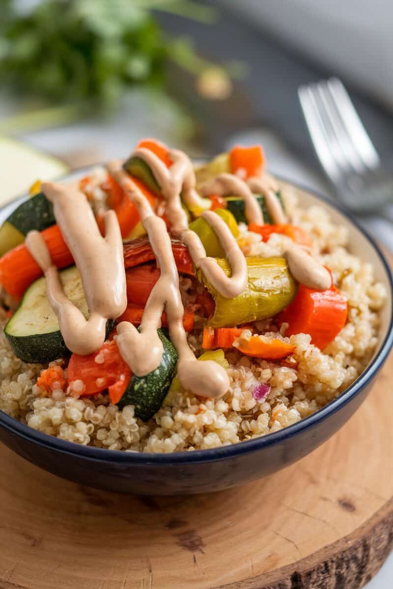 A bowl filled with quinoa and colorful roasted vegetables, drizzled with tahini sauce.