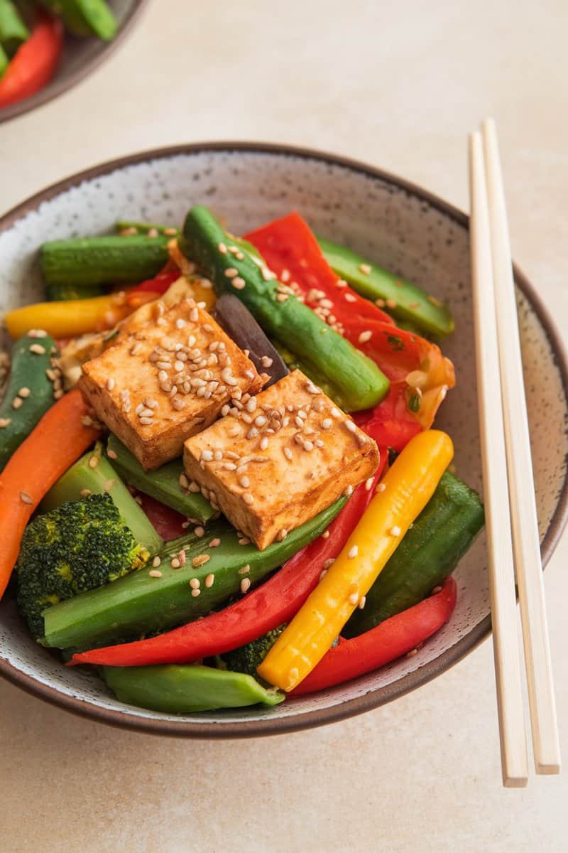 A bowl of colorful vegetable stir-fry with tofu, featuring vibrant peppers and broccoli, garnished with sesame seeds.