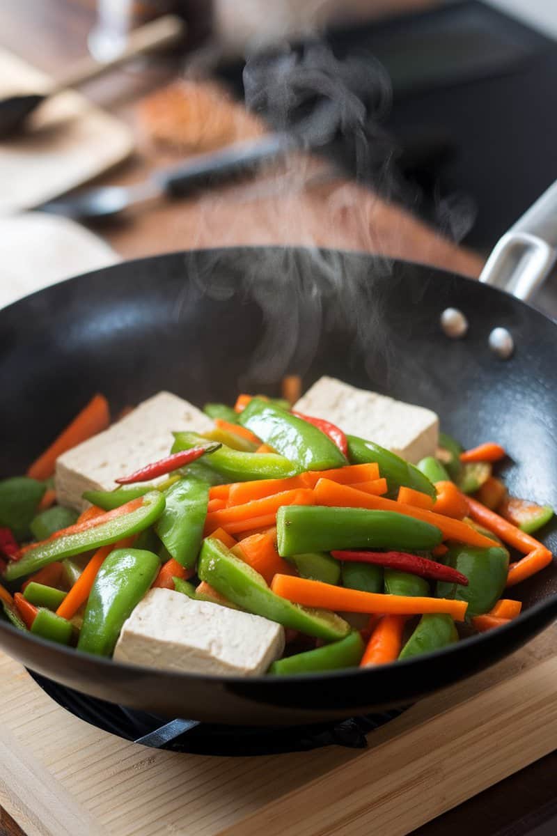 A colorful vegetable stir-fry with tofu in a wok, showing vibrant peppers, snap peas, and carrots.