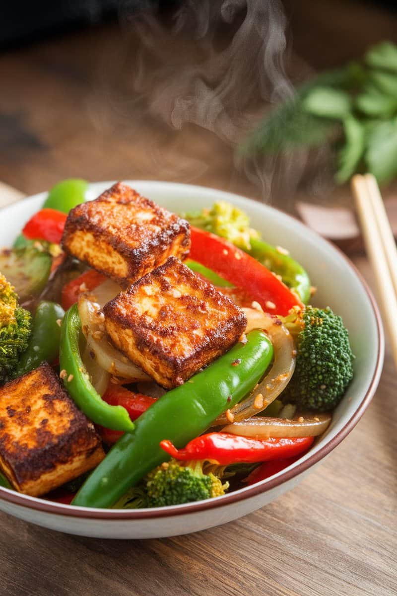 A colorful vegetable stir-fry with tofu, served in a bowl with chopsticks.