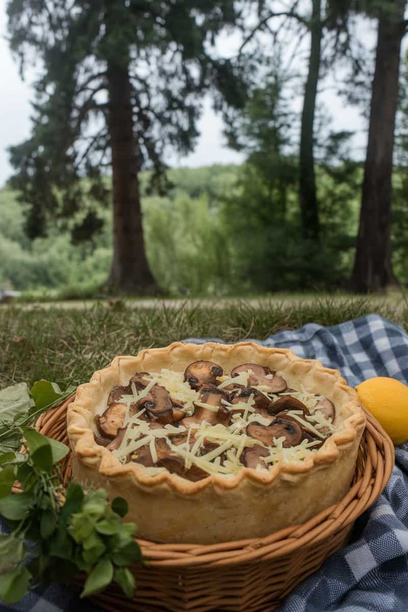 A golden brown pudgy pie filled with mushrooms and Swiss cheese, set outdoors surrounded by autumn leaves.