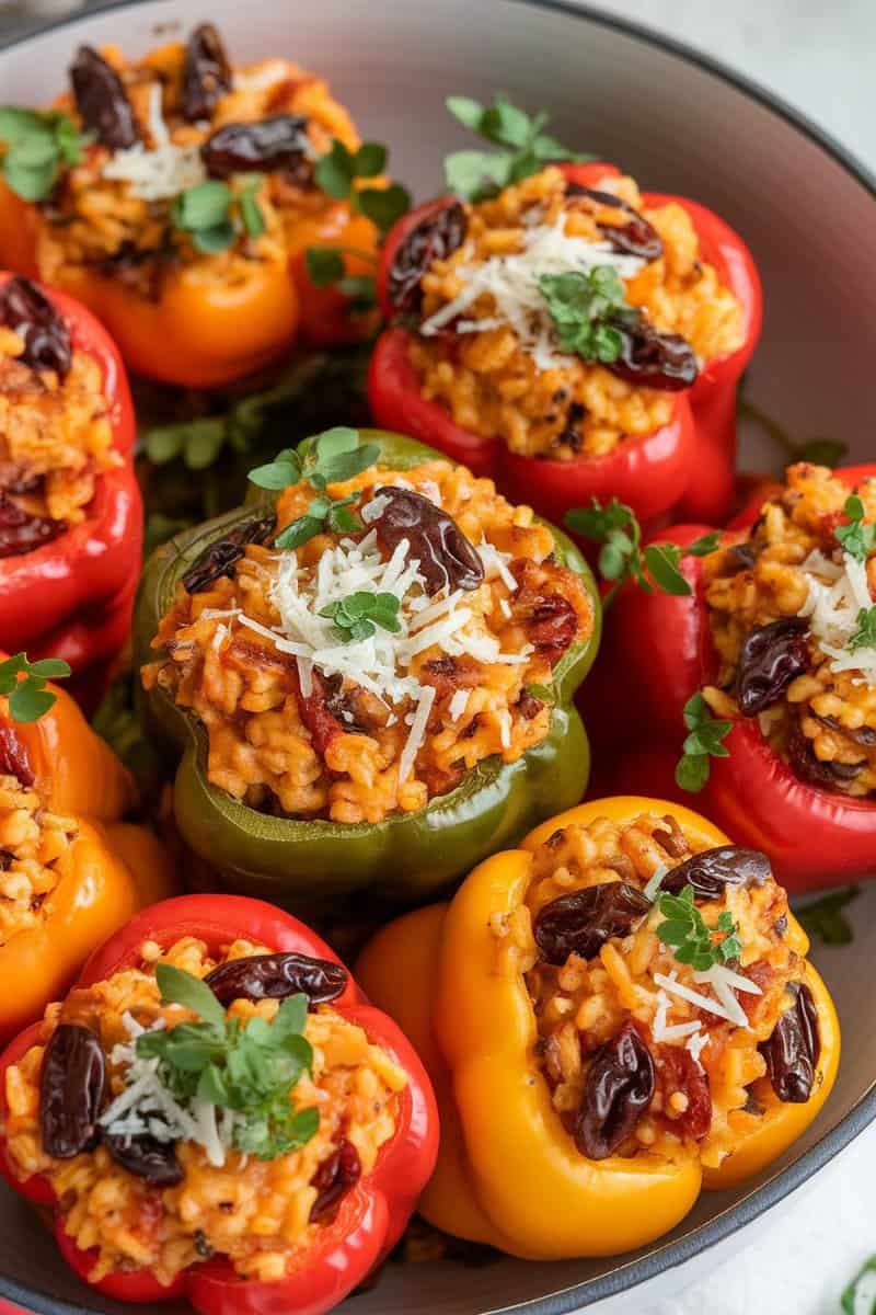 Vegetarian stuffed peppers filled with rice and raisins, garnished with herbs.