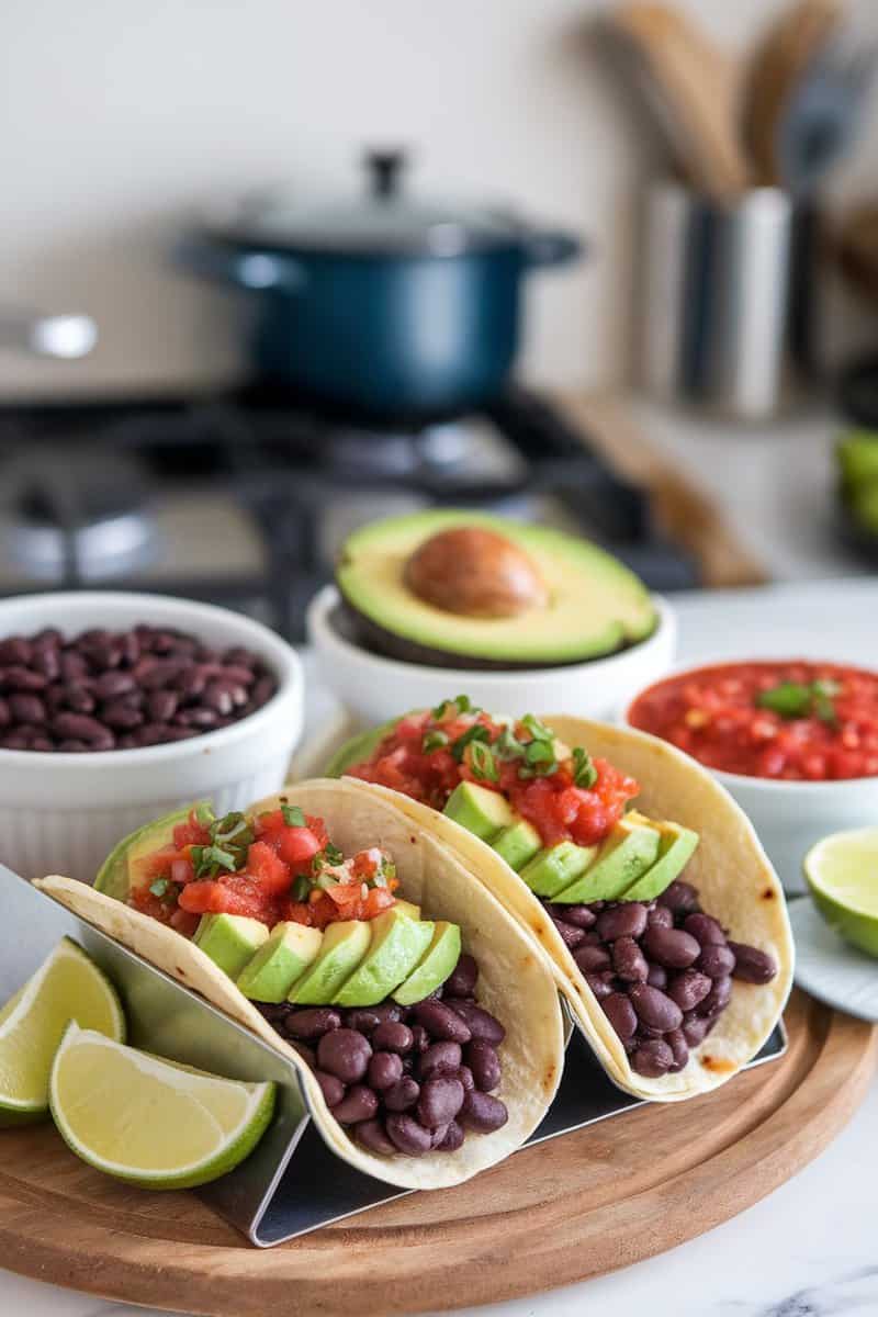 Delicious vegetarian tacos loaded with black beans, avocado, and tomatoes, garnished with fresh cilantro.