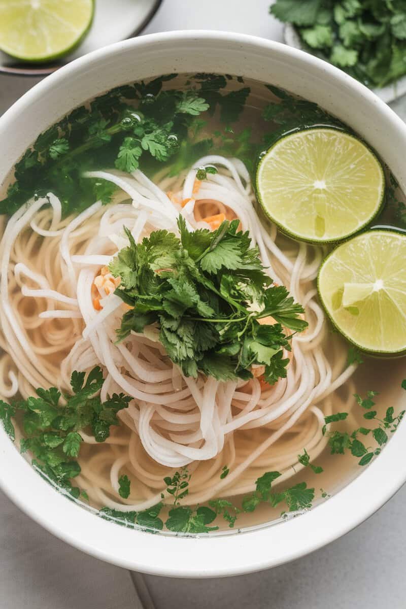 A bowl of Vietnamese Pho featuring rice noodles, fresh herbs, and lime.