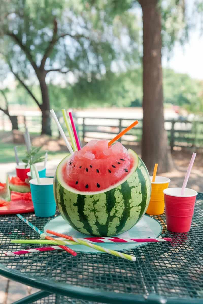 A vibrant watermelon slush punch served in a hollowed-out watermelon with colorful straws.