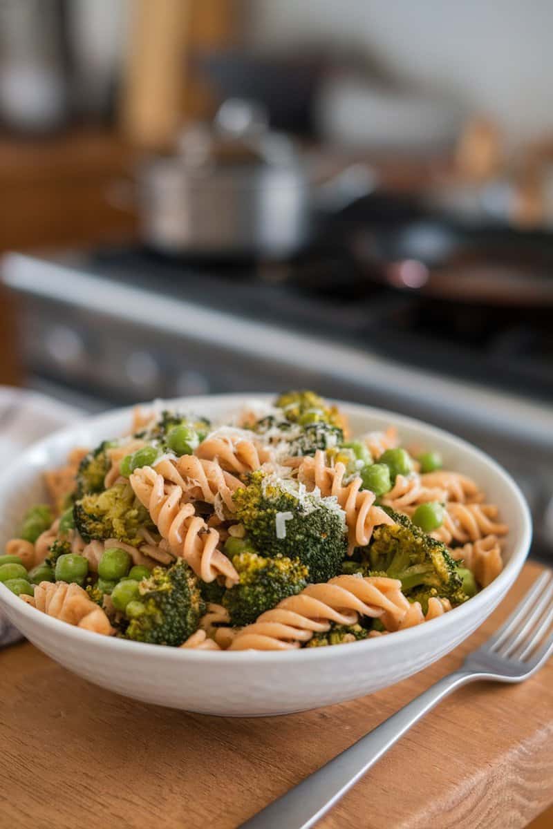 A bowl of whole wheat pasta mixed with broccoli and peas, garnished with cheese.