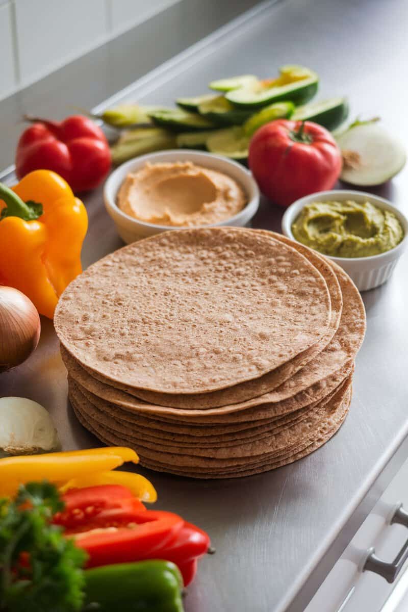 Whole wheat tortillas with fresh vegetables and dips