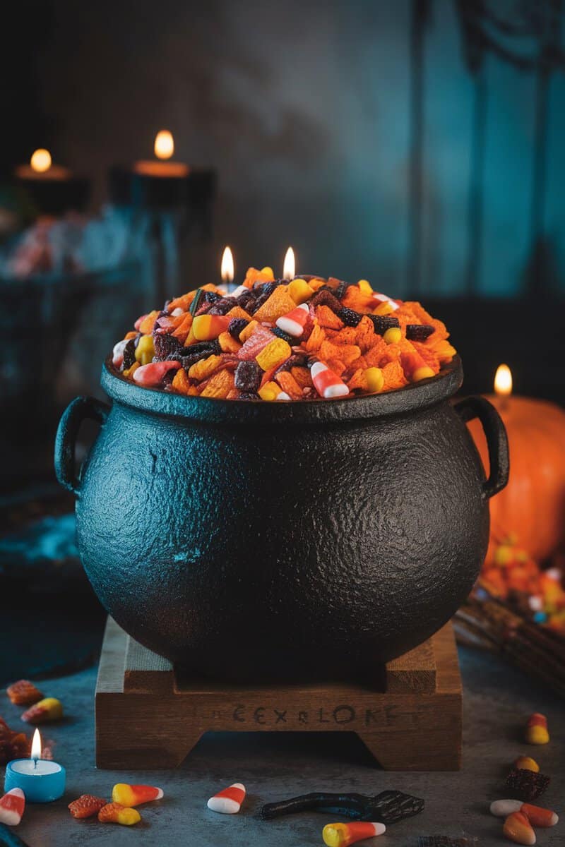 A cauldron filled with colorful candy corn and Chex mix, set against a spooky Halloween background