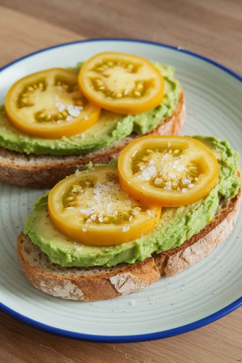 Delicious yellow tomato and avocado toast garnished with salt