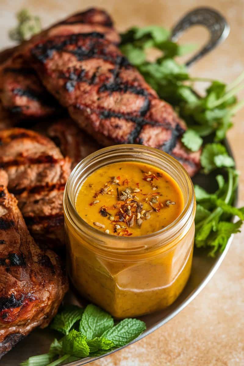 A jar of yellow tomato chutney in front of grilled meats, garnished with herbs.