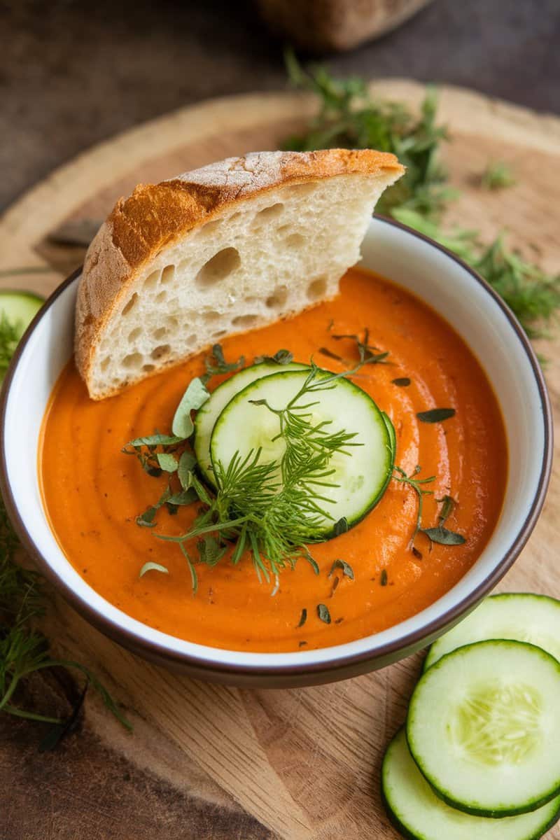 A bowl of yellow tomato gazpacho topped with cucumber slices and fresh herbs, accompanied by a slice of bread.