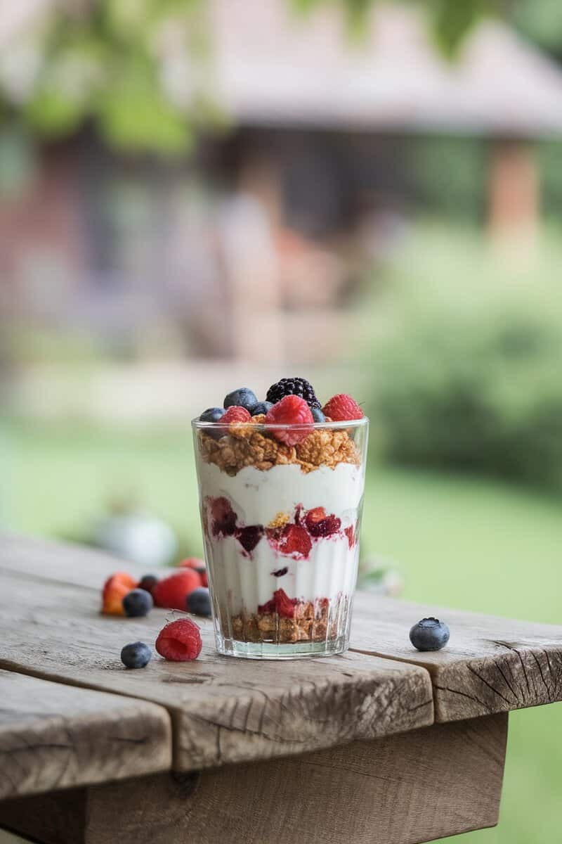 A healthy yogurt parfait layered with granola and mixed berries in a glass