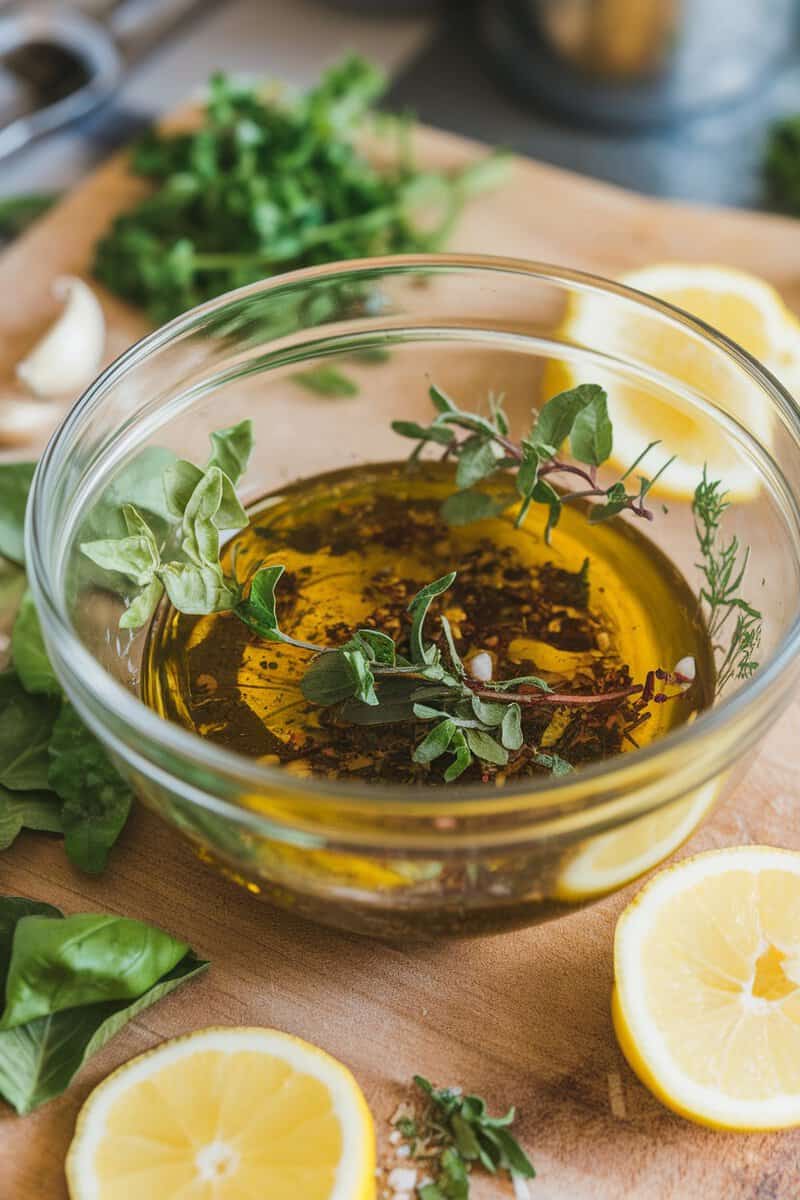 Zesty herb and lemon marinade in a bowl with fresh herbs and lemon slices