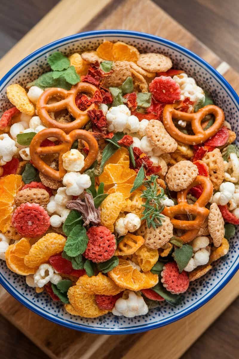 A colorful bowl of Zesty Italian Chex Mix with pretzels, nuts, and popcorn.