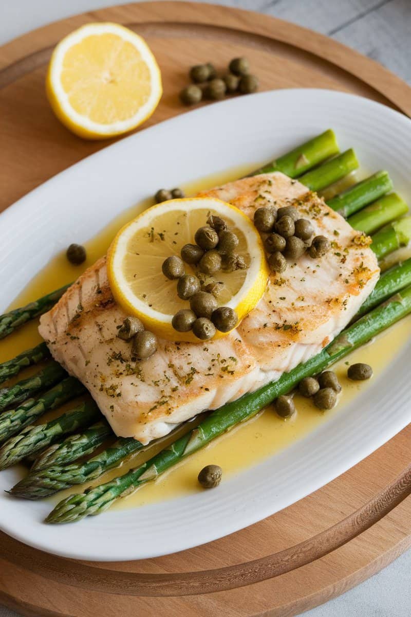 A plate of baked sole with lemon slices and capers on a bed of asparagus