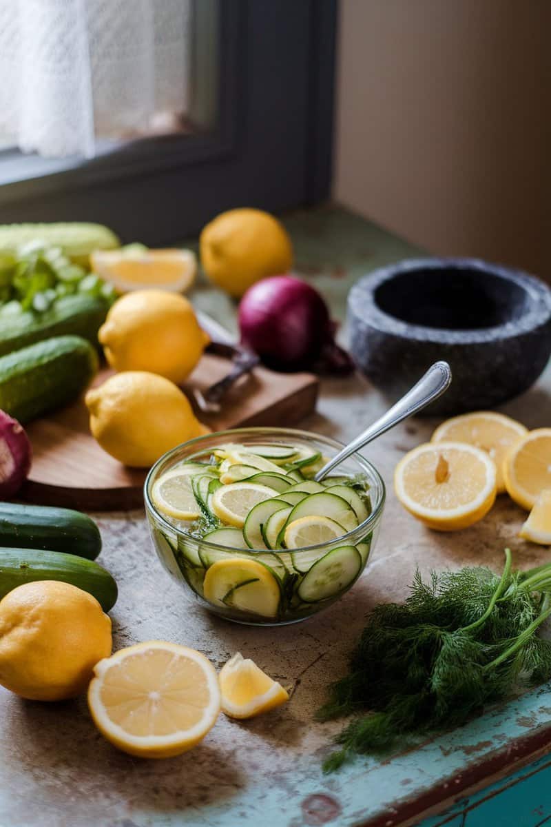 A bowl of lemon cucumber relish with fresh cucumbers and lemons on a rustic table.