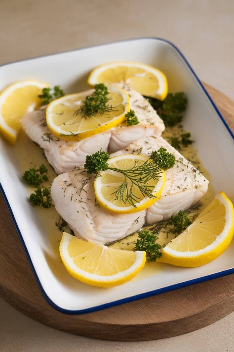 Baked halibut fillets garnished with lemon slices and dill