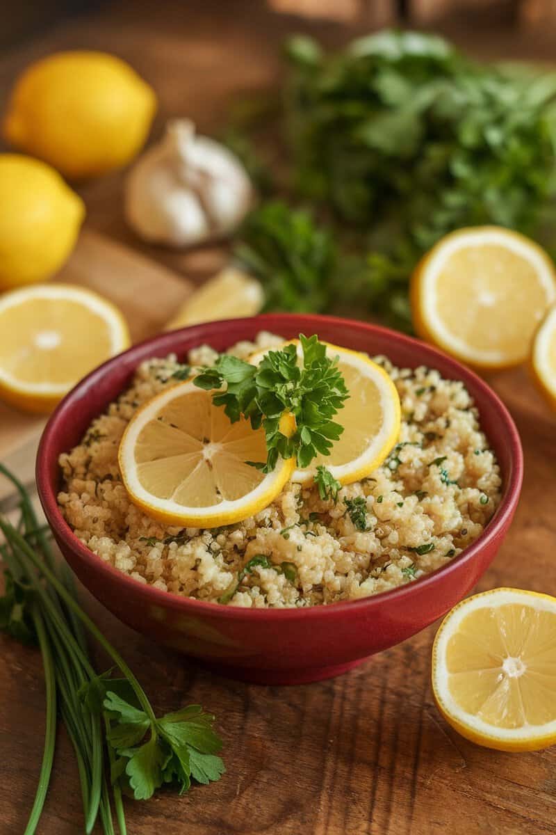 A bowl of zesty lemon herb quinoa topped with lemon slices and fresh parsley on a wooden table.