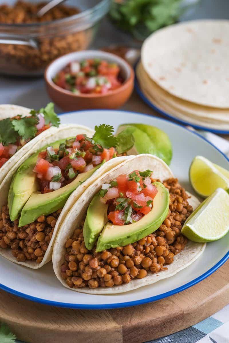 A plate of lentil tacos topped with avocado and salsa, garnished with cilantro, served with lime.