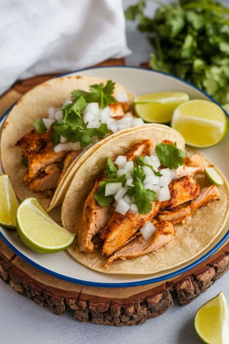 Zesty Lime Chicken Tacos with cilantro, onions, and lime wedges on a plate.