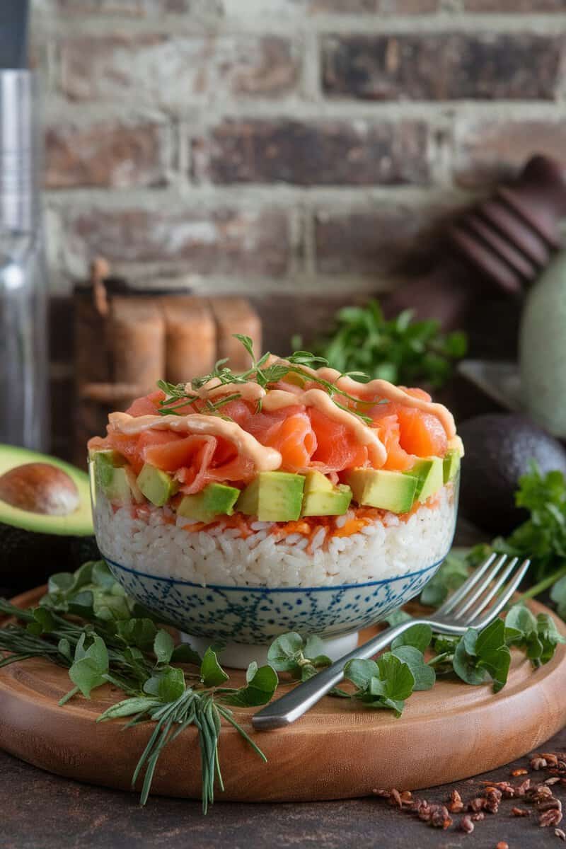 A colorful bowl filled with sushi rice, topped with diced avocado, slices of smoked salmon, green onions, and a drizzle of sauce.