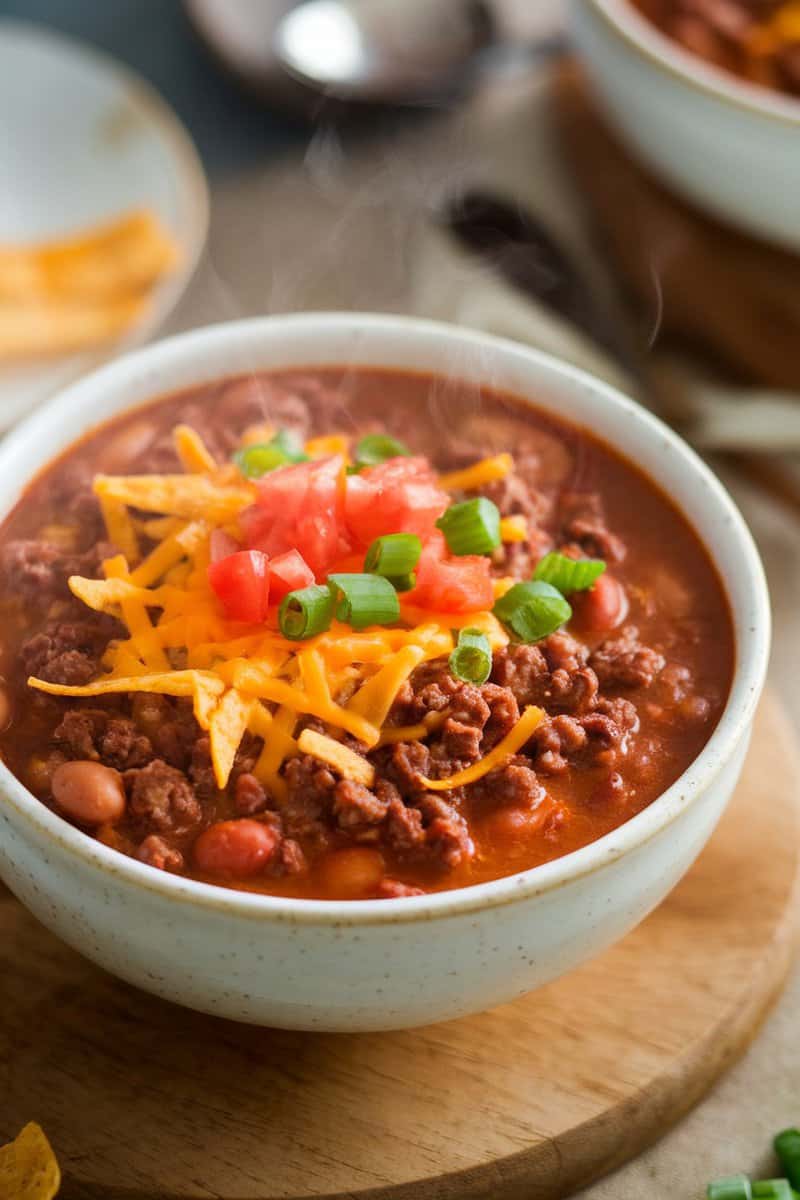 A bowl of steaming taco soup topped with cheese, tomatoes, and green onions.