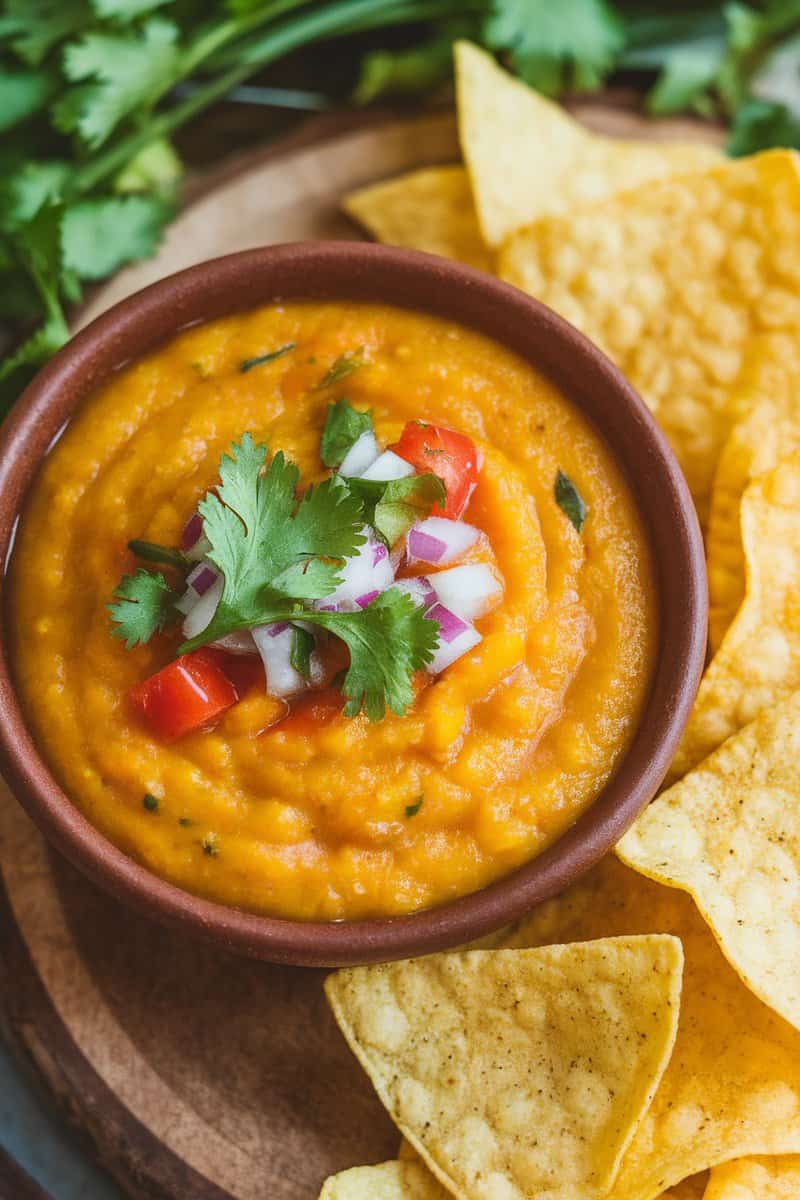 Zesty yellow tomato salsa served with tortilla chips