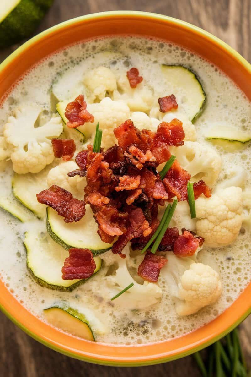 A bowl of zucchini and cauliflower chowder topped with crispy bacon and chives.