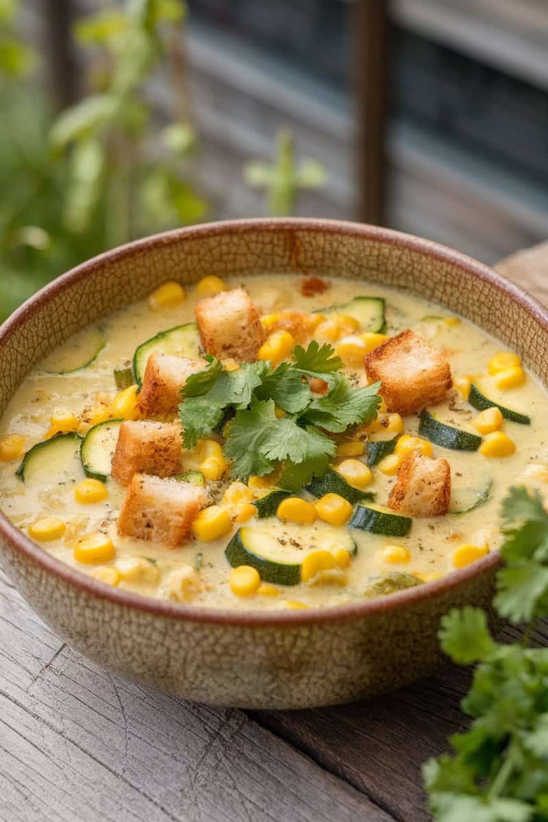 A bowl of creamy zucchini and corn chowder topped with croutons and cilantro.