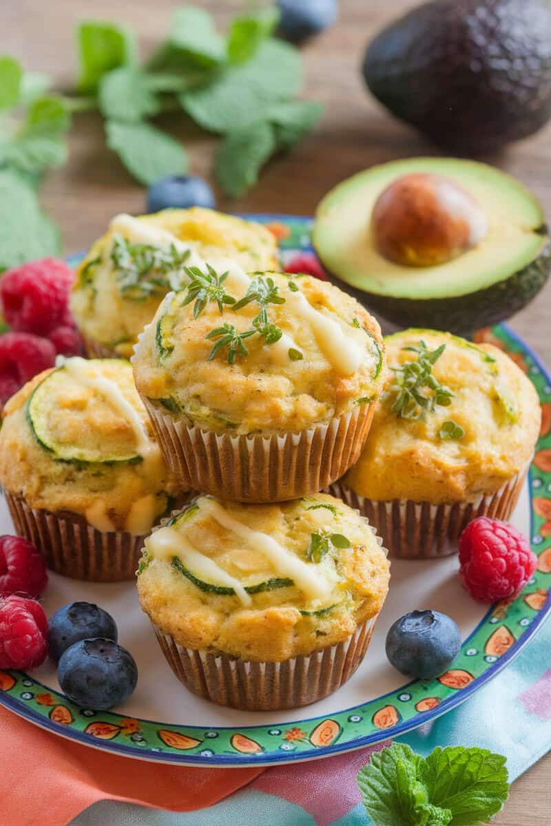 A plate of zucchini and egg muffins served with fresh berries and herbs