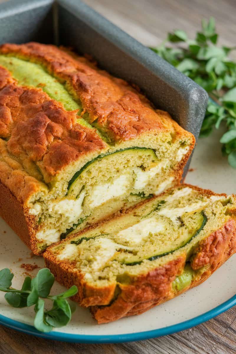 A delicious zucchini and feta loaf sliced and ready to serve.